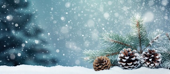 Aufkleber - A festive backdrop with a gift pine cones and a snowy fir tree perfect for Christmas or New Year decorations Ample copy space is available