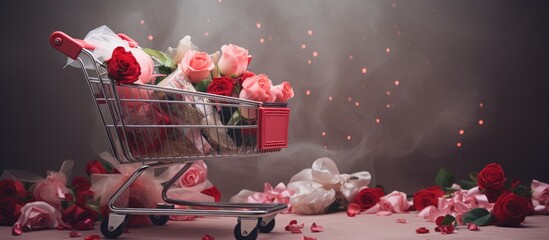 Aufkleber - Gifts in a shopping cart placed against a background of roses providing ample copy space for images