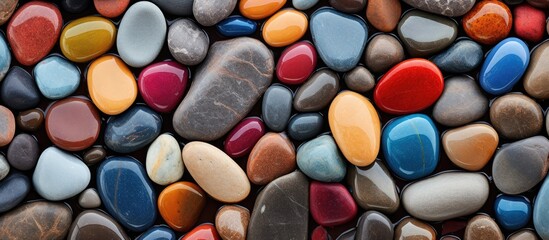Poster - Close up image of wet colorful pebbles on the beach creating a vibrant and textured background Copy space available
