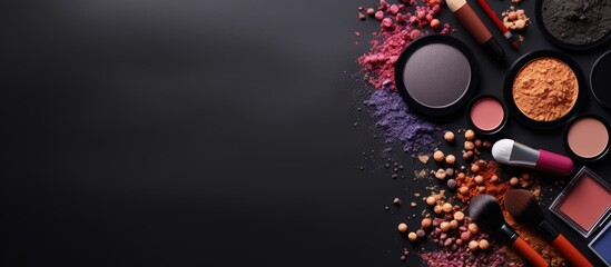 Aufkleber - Cosmetics arranged on a dark gray backdrop creating a visually appealing copy space image