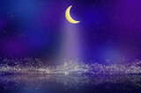 Fototapeta Sport - 三日月の光が水面に反射する夜空の背景イラスト