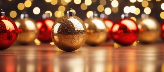Poster - A close up of Christmas decorations set against a backdrop of twinkling lights creating a festive composition for the holidays copy space image