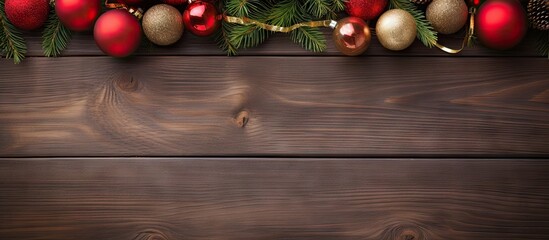 Aufkleber - A festive arrangement of Christmas ornaments on a wooden background with a flat lay and room for additional images or text Perfect for creating a holiday themed frame