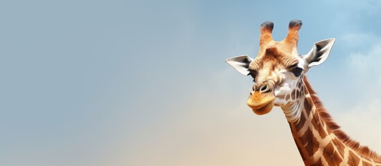 Poster - Giraffe is a common name for the tallest living terrestrial animal distinguishable by its long neck and legs and copy space image