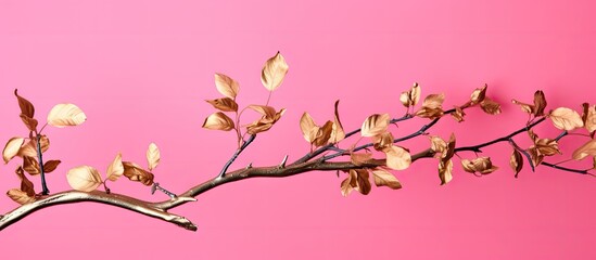 Aufkleber - A beautiful golden branch stands out on a vibrant pink background creating a visually stunning copy space image