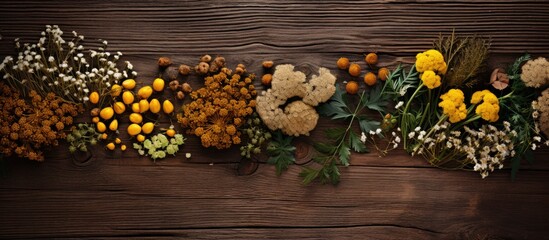 Aufkleber - A copy space image featuring a backdrop of brown wooden surface adorned with various herbs including trees tansy and achillea millefolium