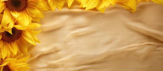 Poster - A close up image showcases yellow sunflower petals framing a crumpled burlap background With copy space available it provides an ideal spot for placing text