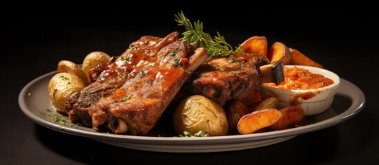 Poster - The dish consists of succulent pork ribs served alongside a side of flavorful potatoes. with copy space image. Place for adding text or design