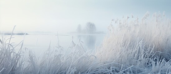 Aufkleber - Copy space image of a frozen lake surrounded by icy reeds captured in a scenic winter landscape photograph