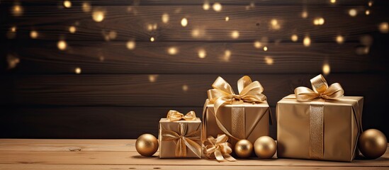 Fototapete - There is a beautiful arrangement of decorations and gift boxes placed on a wooden board providing a perfect setting for a copy space image