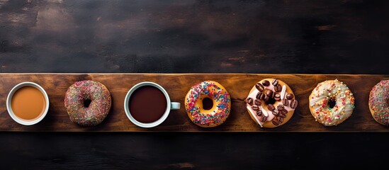 Aufkleber - A top down view of a stone table adorned with coffee cups and vibrant donuts leaving room for a copy space image