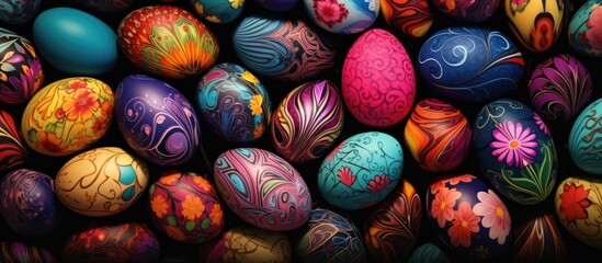 Aufkleber - Colorful Easter themed backgrounds featuring a variety of beautifully decorated eggs perfect for adding a festive touch to any design or project Ample copy space available for customization
