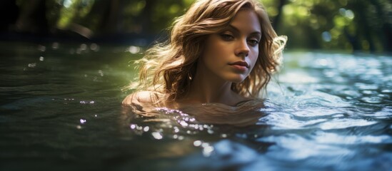Poster - Image of a beautiful girl gracefully swimming in the tranquil lake with plenty of copy space surrounding her