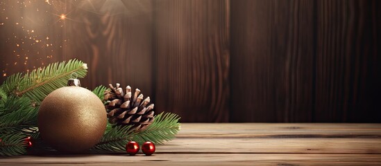 Aufkleber - A festive Christmas background featuring a fir tree branch adorned with a Christmas ball and a cone on a wooden backdrop. with copy space image. Place for adding text or design