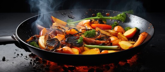 Poster - A kitchen mishap resulted in burnt and charred vegetables a frying pan containing overcooked orange carrots and refried black onions This concept background showcases the failure of cooking providing