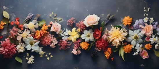 Aufkleber - The flat lay image shows a composition of flowers on a grey background taken from a top down perspective leaving empty space for copy