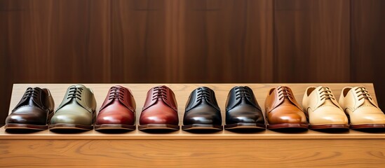 Aufkleber - A collection of leather shoes is displayed on a shoe box against a backdrop of smooth polished wood creating a visually appealing copy space image