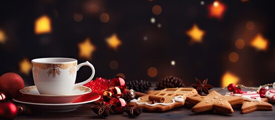 Poster - A festive copy space image featuring a cup of tea accompanied by Christmas cookies set on a table adorned with New Year s decorations