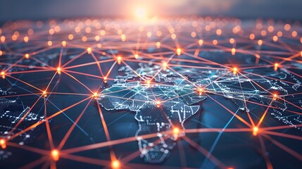 Poster - A vast, interconnected network of nodes forming a decentralized blockchain system, highlighting the absence of a central authority, with nodes spread across the globe