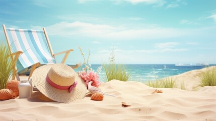 Sandy beach scene with summer accessories