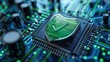 © Tackey - Close-up of a computer microchip with a green security shield, representing cybersecurity and data protection in modern electronics.