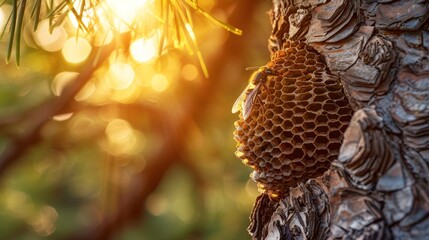 Detailed close up photo of asian hornet nest in natural lighting for optimal search relevance