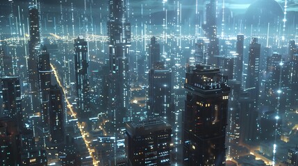 Poster - A futuristic cityscape with data processing hubs located at various points, close to IoT devices, showcasing real-time processing and reduced latency at the edge of the network 