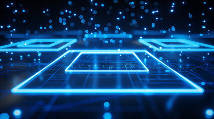 Abstract background of futuristic main processor chip with circuit lines. Bright area. Square stand. Bright stage. Exhibition area. Central axis. Demonstration place. 3D rendering.