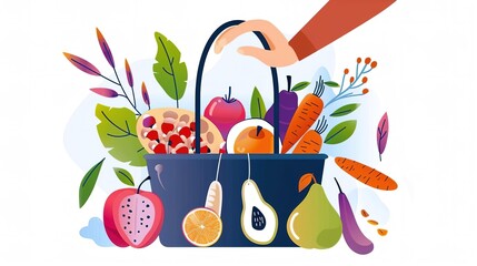 Wall Mural - A hand holding a basket full of fruits and vegetables. The basket is overflowing with healthy food.