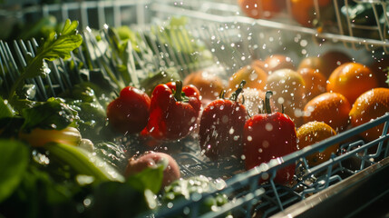 Wall Mural - Vibrant vegetables glisten as they're rinsed, looking garden-fresh and inviting.