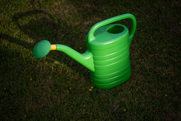 Green watering-can in the garden .