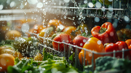 Wall Mural - Garden-fresh vegetables sparkle under a cascade of water, ready for a healthy meal.