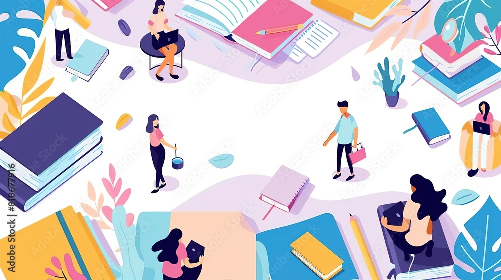 isometric illustration of a group of diverse people reading, writing ...