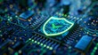 © Tackey - Close-up of a secure microchip with a glowing shield icon representing cybersecurity, network protection, and technological security measures.