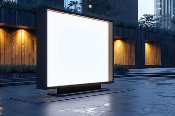 Wall Mural - Black lightbox on the city street. Wood facades of modern buildings in background. 3d render. generative ai.