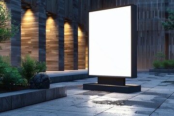 Wall Mural - Black lightbox on the city street. Wood facades of modern buildings in background. 3d render. generative ai.