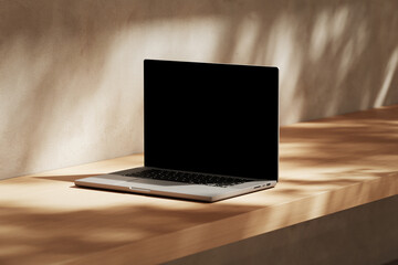 Wall Mural - apple macbook pro on the wooden desk on a plaster background