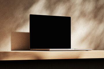 Wall Mural - apple macbook pro on the wooden desk on a plaster background