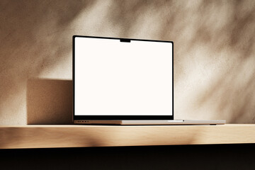 Wall Mural - apple macbook pro on the wooden desk on a plaster background
