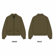 Drawing of a fashionable zipper bomber jacket, khaki color. Sketch of basic jacket with zipper, with pockets. Drawing of jacket front and back view.