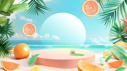 Wall Mural - 3D podium, podium model, stage or platform With copy space for product presentation on beach with blue sky, summer tropical background.