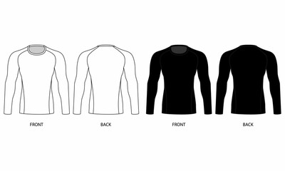 Technical drawing of a long sleeved shirt, front and back view. Men's rashguard pattern for sports activities. Sketch of sport cycling jersey with round neck, black and white colors.