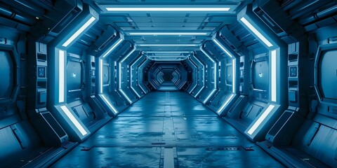 Poster - Futuristic Sci Fi Corridor with Geometric Lighting and Metallic Architecture in Blue Tones Showcasing an Immersive Sci Fi Aesthetic and Concept for a
