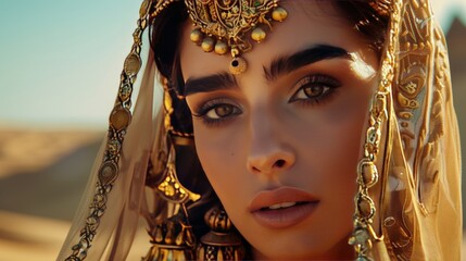 Portrait of a Queen from a Middle Eastern kingdom with gold jewellry, 
against the background of a desert and a palace.
