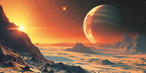 Wall Mural - otherworldly sci fi landscape with glowing gas giant planet and mountainous terrain