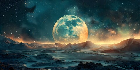 Wall Mural - majestic lunar landscape at twilight surreal sci fi inspired celestial scenery with glowing moon and