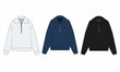 © Iryna - Technical drawing of a simple sweater with zipper closure and collar. Set of zip-up longsleeves in white, blue, black. Image of polo with dinny sleeve and zipper, isolate on white background.