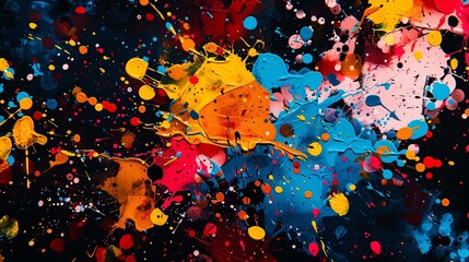 A vibrant abstract composition of splattered paint in bold primary colors, creating a dynamic and energetic visual effect that captures the spontaneity and creativity of artistic expression.