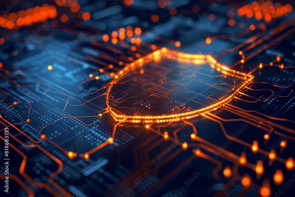 Futuristic digital security concept with a glowing shield icon on a ...