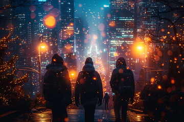 Wall Mural - Downtown illuminated night scene with friends walking, skyscrapers glowing, and city streets bustling.